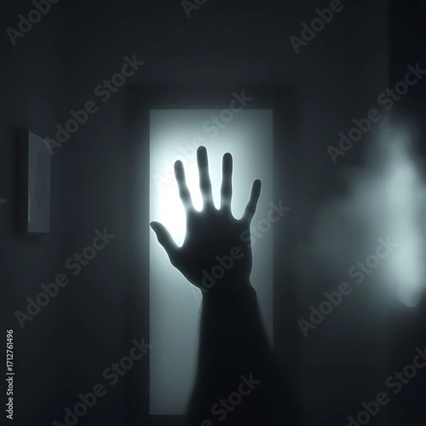 Fototapeta Desperate Reach: A chilling silhouette of a hand presses against a dimly lit window, the eerie mist swirling around suggesting a dark and mysterious setting, invoking a sense of fear.