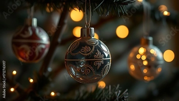 Fototapeta Festive Christmas Ornaments: Glimmering baubles of the most exquisite elegance, adorned with intricate designs, gracefully suspended from a verdant fir tree, all bathed in the warm.