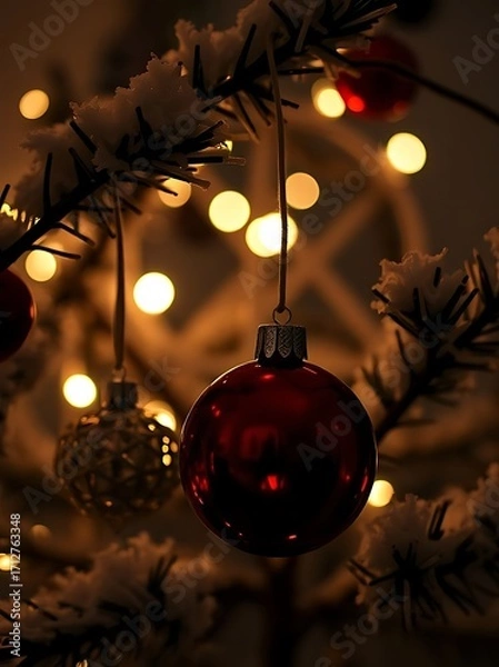 Fototapeta Sparkling Ornaments: A close-up shot of a Christmas tree with gleaming, red ornaments, set against a warm, blurred backdrop of festive lights. Emphasizing holiday atmosphere.