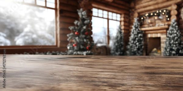 Fototapeta Holiday minimal concept. Long wooden table in log cabin with natural light shadow, blurred winter snow christmas tree fireplace theme decoration bokeh. Mock up template. copy text space