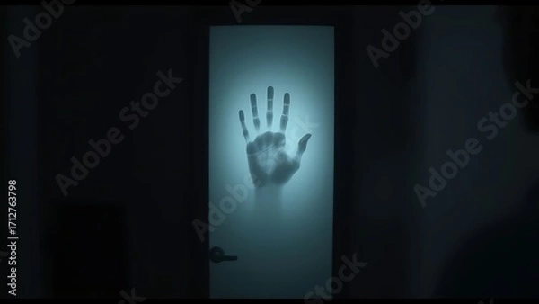 Fototapeta Eerie Handprint: A haunting handprint pressed against a dimly lit glass door, casting an ominous atmosphere that hints at a thrilling narrative.