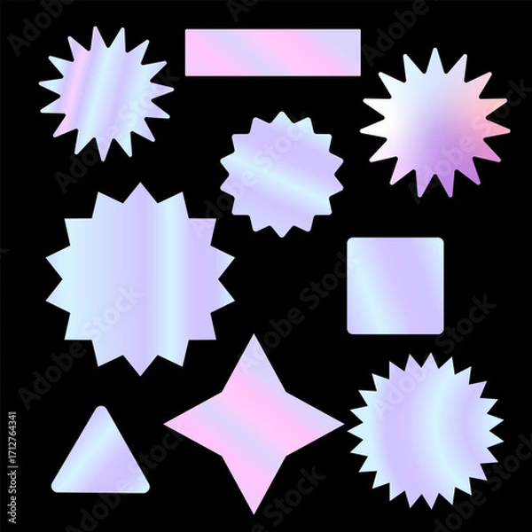 Fototapeta Set of holographic stickers and metallic foil tags. A collection of badges, labels in various shapes, and stamps with a rainbow effect.
