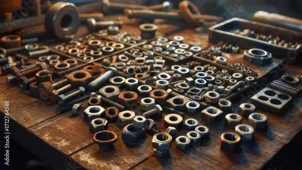 Obraz Assorted nuts and bolts on a workbench