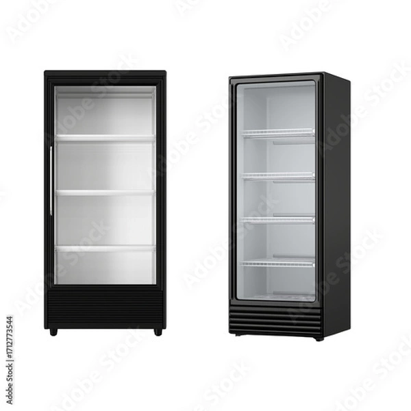 Fototapeta a vector illustration of an empty modern tall single-door glass-fronted refrigerator with a black body, on a white background