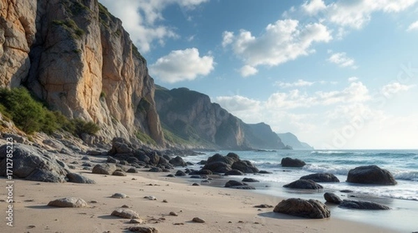 Fototapeta Scenic beach with rocky cliffs and calm waves under a bright sky in a serene coastal setting