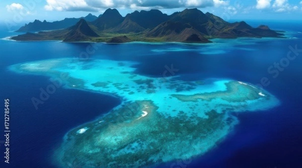 Fototapeta Beautiful island with clear blue waters and surrounding coral reefs in a tropical paradise setting