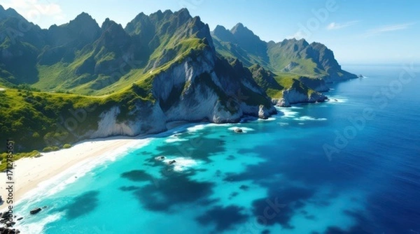 Fototapeta Stunning coastal landscape with turquoise waters and rugged mountains showing vibrant nature in a sunny setting