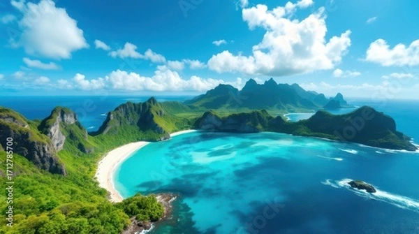 Fototapeta Scenic tropical coastline with white sand beaches and clear blue waters under a sunny sky