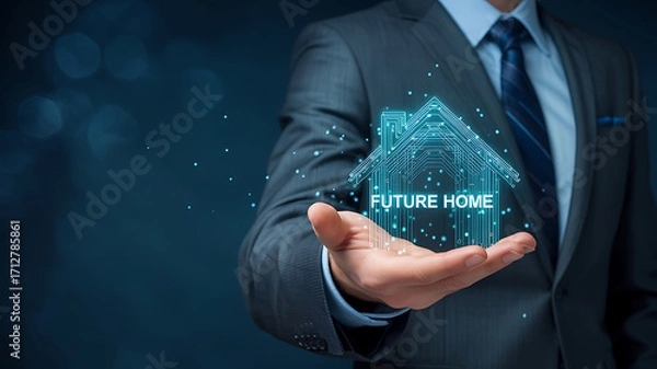Fototapeta Businessman holding a glowing digital representation of a future home