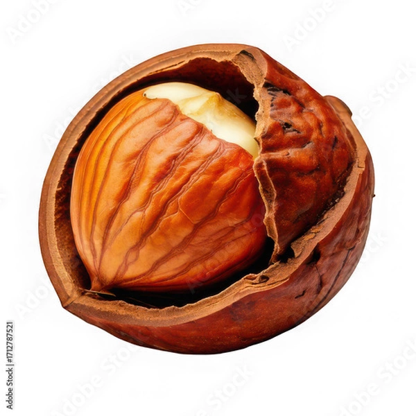 Fototapeta fresh open nut peeled and roasted with husk isolated on white background