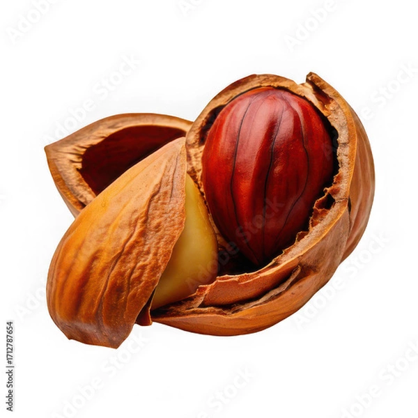 Fototapeta fresh open nut peeled and roasted with husk isolated on white background