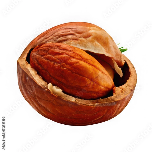 Fototapeta fresh open nut peeled and roasted with husk isolated on white background