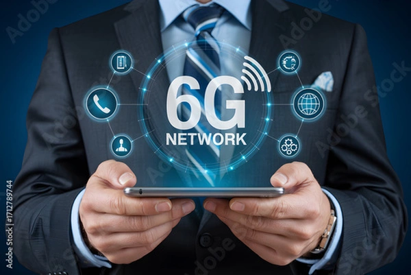 Fototapeta Businessman displays 6G network technology on a smartphone showcasing future communication advancements
