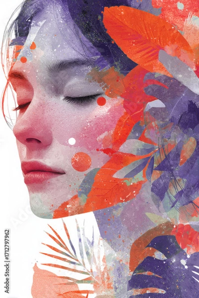 Fototapeta Artistic illustration of a woman's profile intertwined with vibrant flowers and leaves, showcasing a harmonious blend of nature and human features, symbolizing connection and beauty