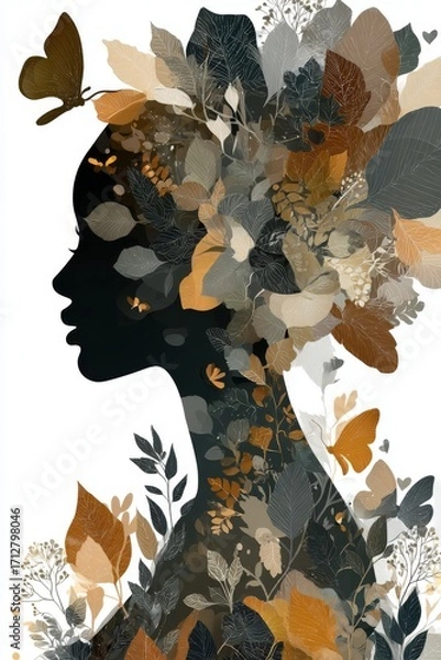 Fototapeta Artistic illustration of a woman's profile intertwined with vibrant flowers and leaves, showcasing a harmonious blend of nature and human features, symbolizing connection and beauty