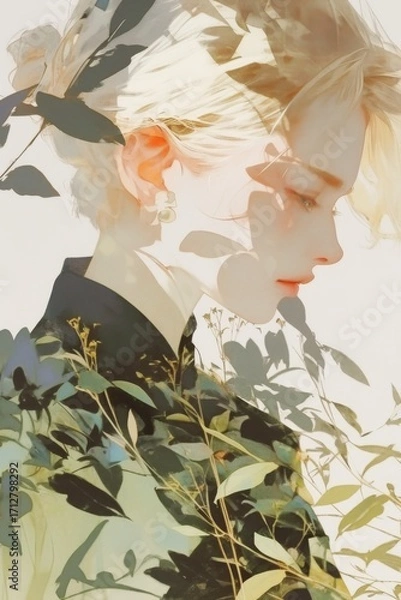 Fototapeta Artistic illustration of a woman's profile intertwined with vibrant flowers and leaves, showcasing a harmonious blend of nature and human features, symbolizing connection and beauty
