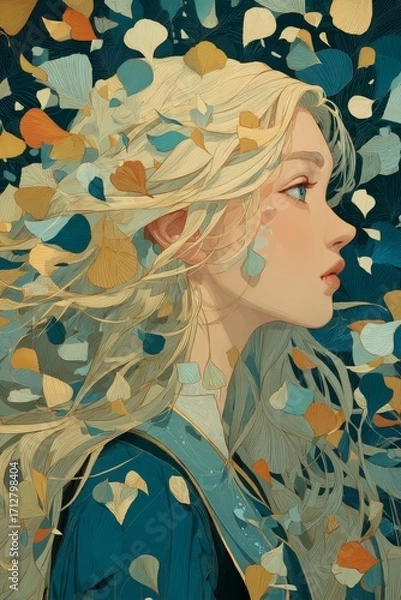 Fototapeta Artistic illustration of a woman's profile intertwined with vibrant flowers and leaves, showcasing a harmonious blend of nature and human features, symbolizing connection and beauty