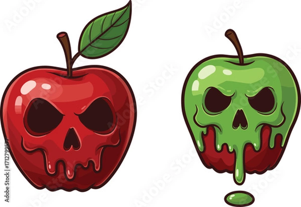 Obraz Halloween poison apples with creepy skull faces, red apple with evil skull carving, green apple with dripping toxic slime, spooky fruit illustration for horror design