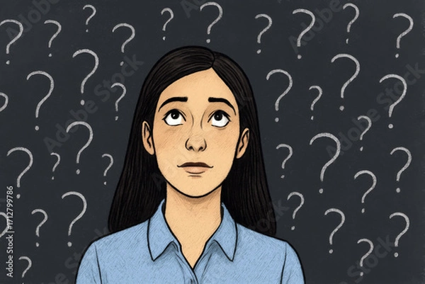 Fototapeta A woman gazes upward, surrounded by chalk-drawn question marks on a blackboard. She appears thoughtful, wearing a blue shirt.AI generated.