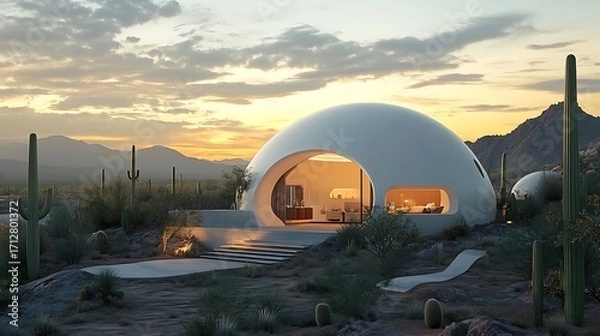 Obraz Modern geodesic dome home nestled in a desert landscape at sunset