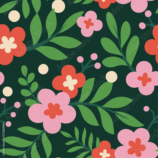 Fototapeta Cute floral vector seamless pattern. Delicate background with hand-drawn flowers and leaves. 