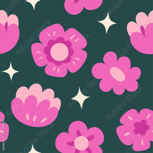 Fototapeta Cute floral vector seamless pattern. Delicate background with hand-drawn flowers and leaves. 