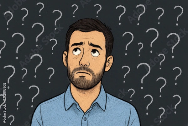 Fototapeta A bearded man in a blue shirt looks upward with an expression of confusion. He is surrounded by question marks on a dark background.AI generated.