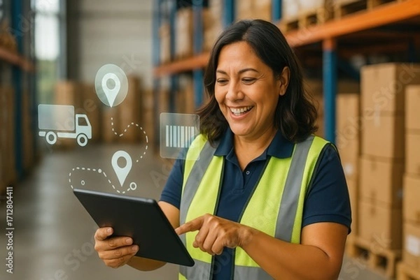 Obraz Efficient logistics management in a warehouse a smiling woman using a tablet to track inventory and deliveries indoor environment engaging viewpoint