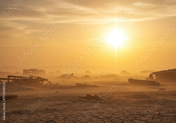 Obraz A golden sunrise illuminates the desolate landscape of a broken city, casting long shadows over the cracked earth.