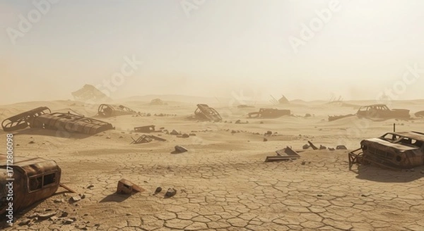 Fototapeta A desolate, sun-baked desert landscape, strewn with rusted, broken vehicles, evokes a sense of forgotten civilizations.
