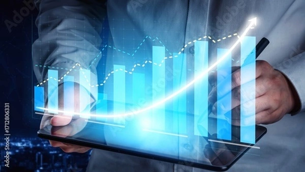 Fototapeta A business professional interacts with a tablet featuring a digital growth chart, symbolizing data analysis and success in a modern urban environment. Copula