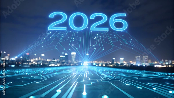 Fototapeta Futuristic 2026 digital cityscape glowing with bright lights and abstract network connections symbolizing technology and progress