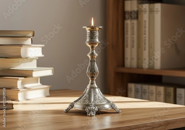Fototapeta A silver candleholder, adorned with intricate carvings, sits on a wooden table amidst a collection of books in a peaceful, well-lit room.