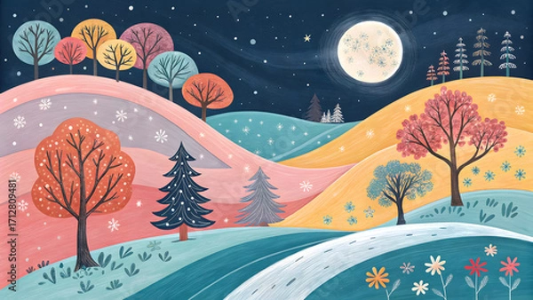 Fototapeta Whimsical fantasy landscape with rolling hills trees and a luminous moon under a starry night sky