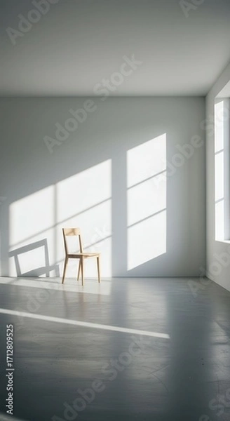 Obraz A minimalist, sun-drenched interior space showcases a light-colored wooden chair, bathed in shadows cast by an expansive window.