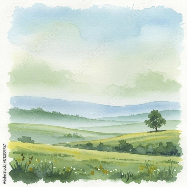 Fototapeta Tranquil Watercolor Landscape Featuring Green Hills and a Single Tree.