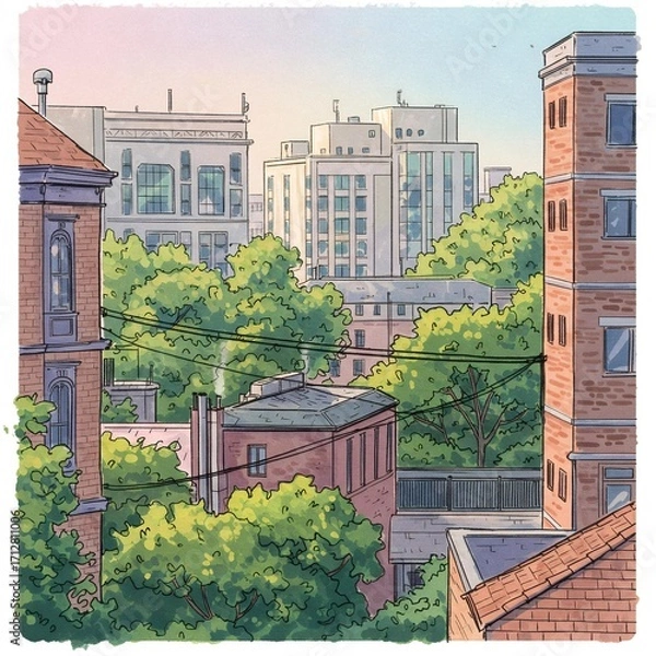 Fototapeta Vibrant City View: Rooftops, Greenery, and Modern Architecture.