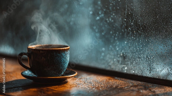 Obraz Tea Cup or Coffee Cup with Rainy Outside and window at day time