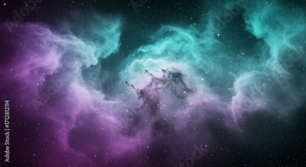 Fototapeta Purple and teal nebula with stars in deep space galaxy