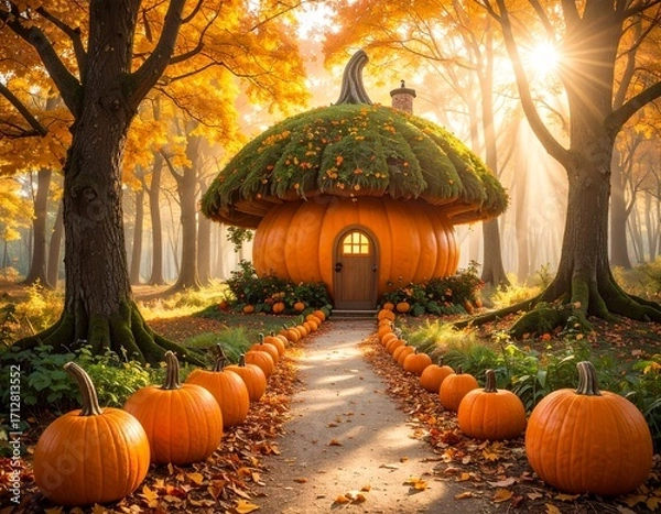 Fototapeta A magical giant pumpkin house in the middle of fairytale forest during Autumn with path leading to the house filled  with pumpkins