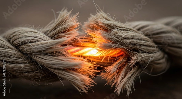Fototapeta Frayed rope at breaking point symbol of great tension and economic risk. connection under pressure about to snap because ai introduces new stress and danger