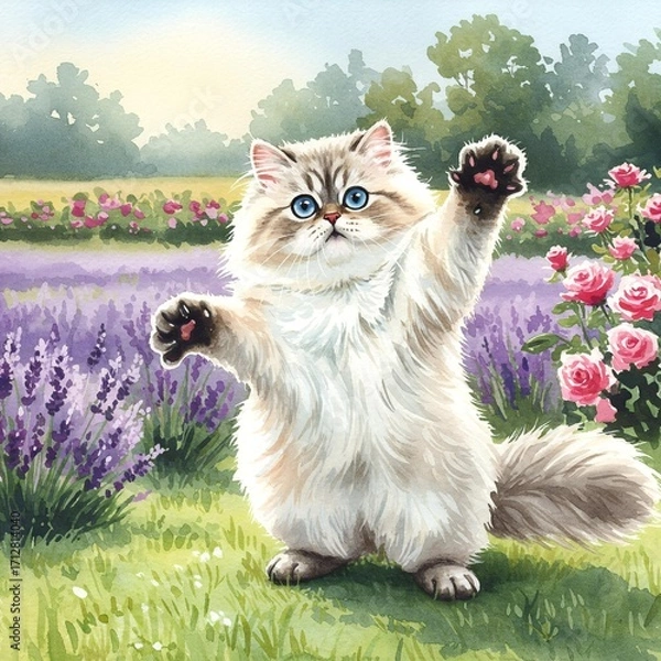 Fototapeta Adorable watercolor cat playing in a lavender field.