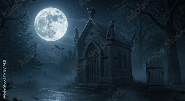 Obraz A gothic mausoleum stands sentinel under a full moon, shrouded in a misty night.