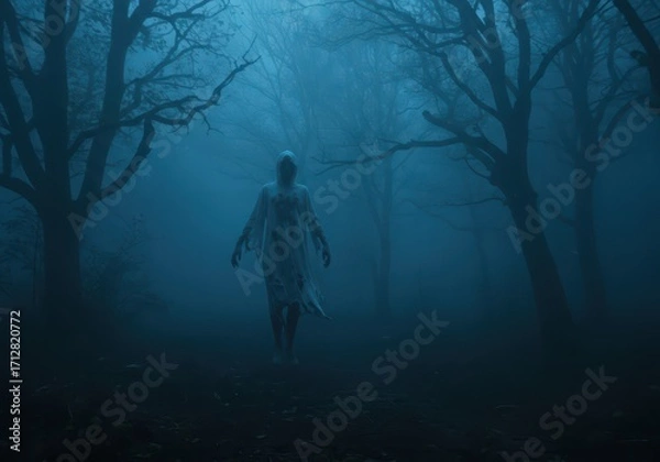 Fototapeta A spectral figure shrouded in a white robe,  wanders through a dark, misty forest at night.