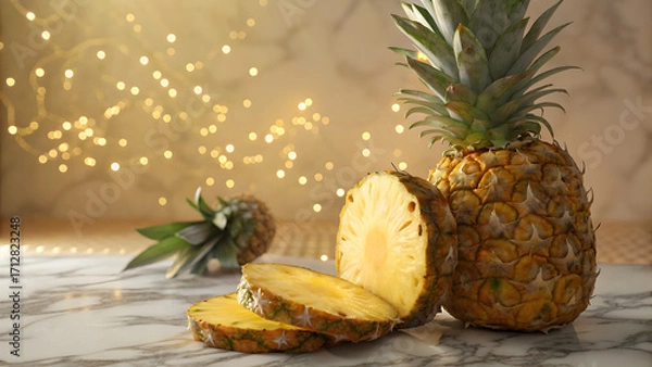 Fototapeta Delicious tropical pineapple slices and whole fruit amidst bokeh lights for refreshing summer vibes