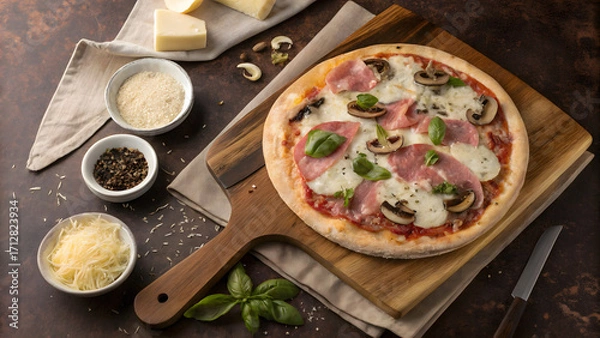 Fototapeta Delicious homemade pizza with fresh ingredients and toppings served on a wooden board with small bowls of condiments