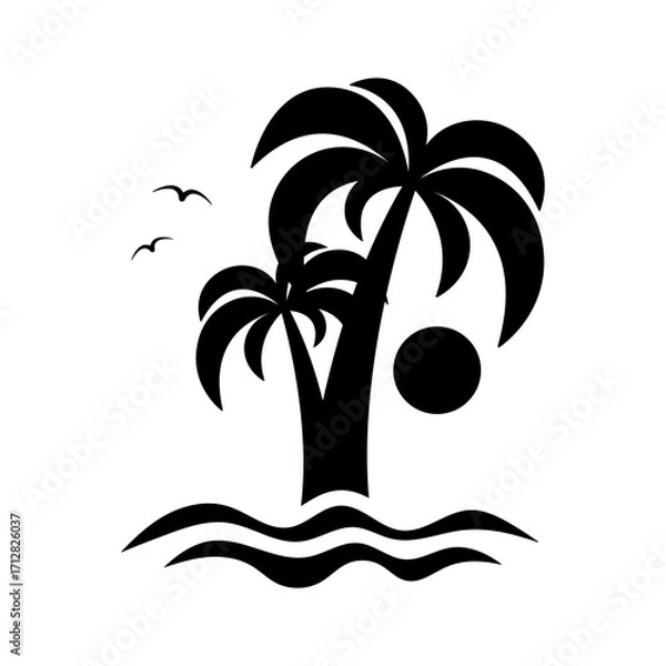 Fototapeta Palm trees, sea and sun icon. Black silhouette. Front side view. Vector simple flat graphic illustration. Isolated object on white background. Isolate.