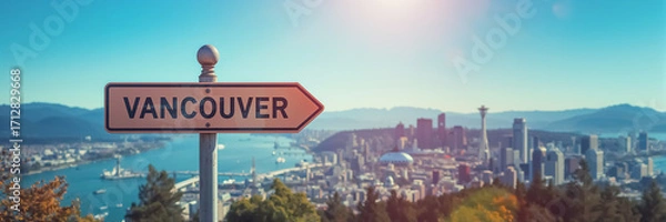 Fototapeta direction arrow on a pole with the inscription  Vancouver on the background of the city in summer day