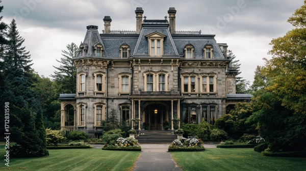 Fototapeta Grand historic mansion with intricate architecture surrounded by lush greenery under a dramatic cloudy sky, showcasing elaborate details and landscaped garden pathways.