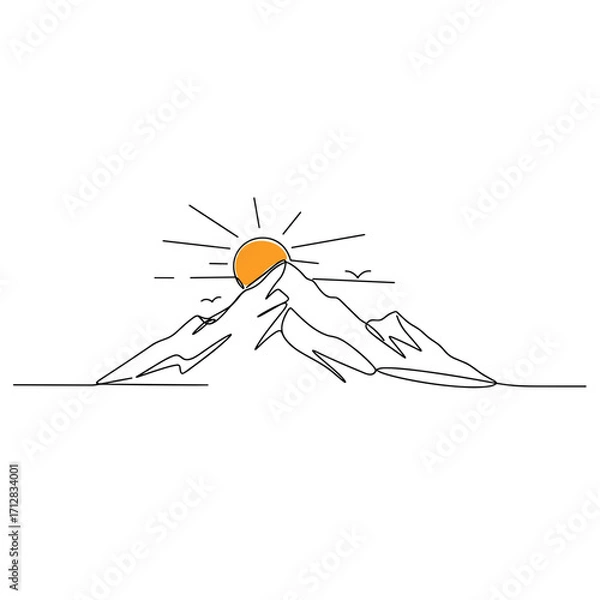 Fototapeta Minimal line art of mountains with sun rising above them  